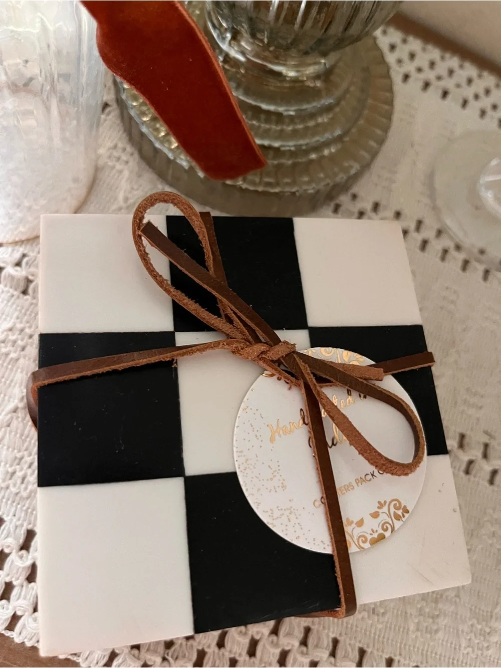 Checkerboard Coaster Set with Brown Trim - White & Black